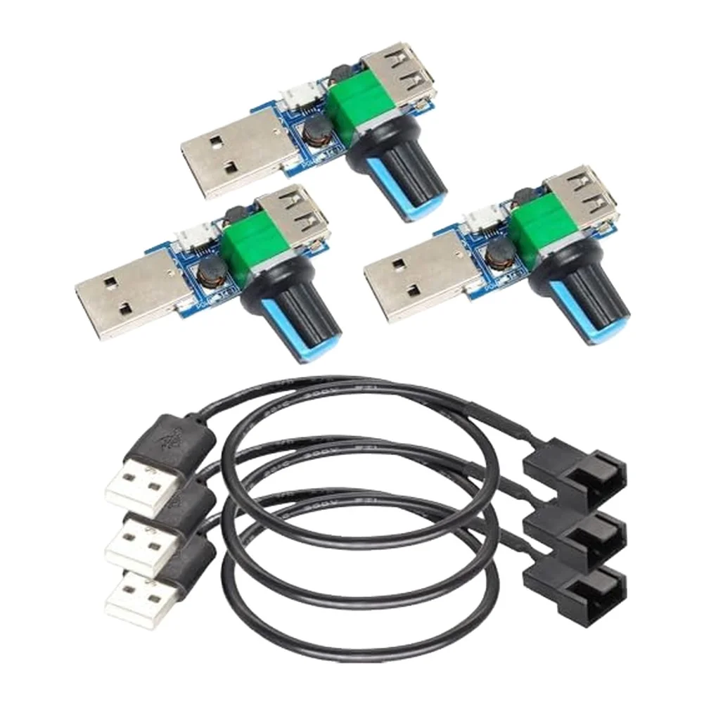 

3 комплекта USB-контроллера скорости вентилятора с адаптером 30 см с пониженным уровнем шума для охлаждения USB-вентилятора 5 В для большинства 3-контактных и 4-контактных корпусных вентиляторов