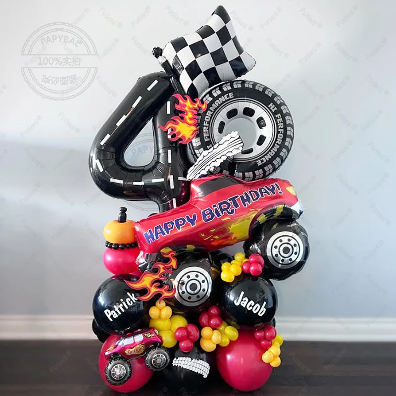 73pcs Racing Car Theme Tire Foil Balloon Set Checkered Flag 1-9 Years Old Birthday Party Decoration Tow Fast Baby Shower