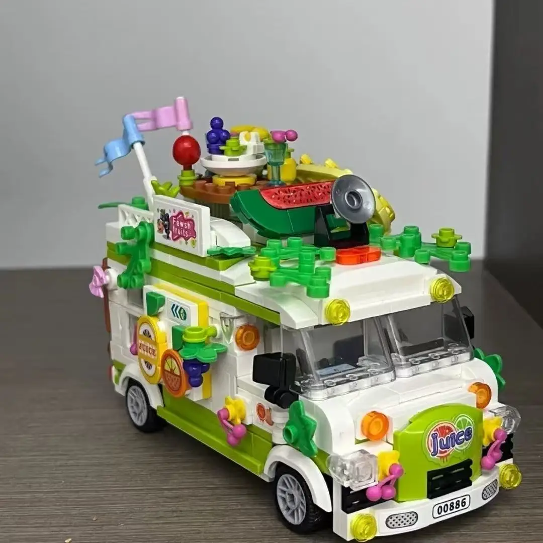 City Friends Ice Cream Truck Street View Dining Car Mini Building Blocks Food Snacks Shop Model Bricks Toys For Kids Girls