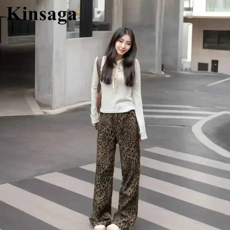 Kinsaga Leopard Print Narrow Straight Jeans Korean Fashion Wide Leg Mopping Denim Pants Female Pear-shape Draped Pants