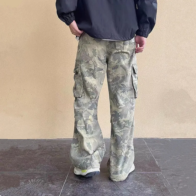 Pantalones vaqueros holgados de camuflaje con bolsillos laterales para hombre y mujer, pantalón largo de algodón de pierna ancha, moda Y2K, 2023