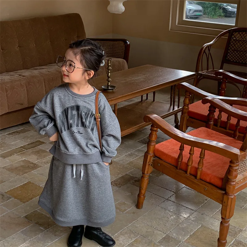 Girl Two Piece Set Dress 2024 Spring Autumn Korean Style Letter Printing Sweater Leisure Skirt Comfortable Simple Tide