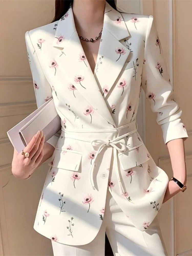Printed Suit Women's Jacket Women's 2026 Autumn New Korean Version Fashion Lace-up Design Small Suit Women's Clothing
