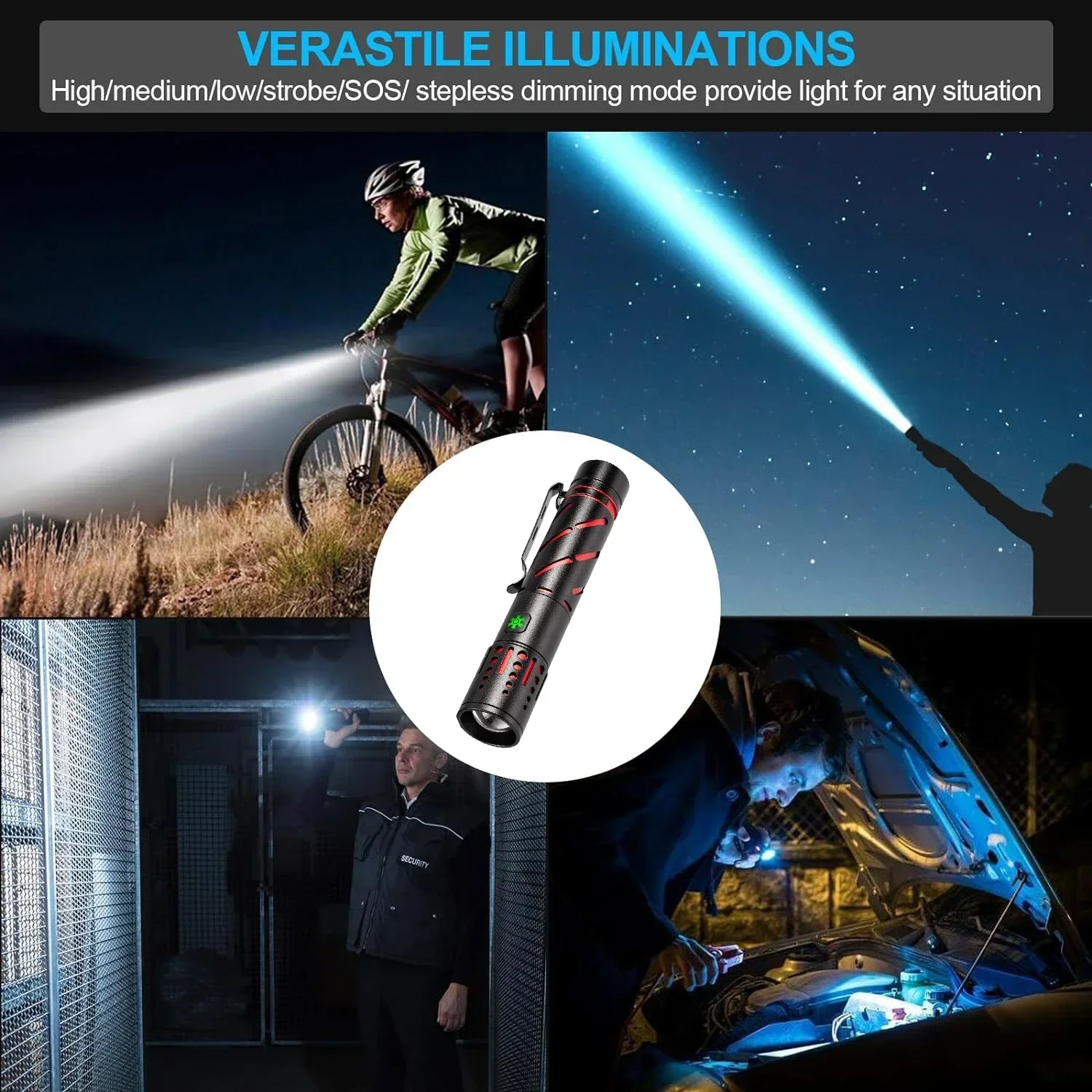 Powerful LED Flashlight Type-C USB Rechargeable Flashlights Telescopic Zoom Torch Waterproof Work Light Camping Flashlight