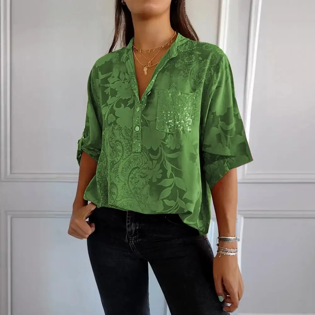 Women Shirt Printed V-neck Shirt Stylish Women's V-neck Lapel Shirt with Sequins Patch Pocket Half Sleeve Pullover for Summer