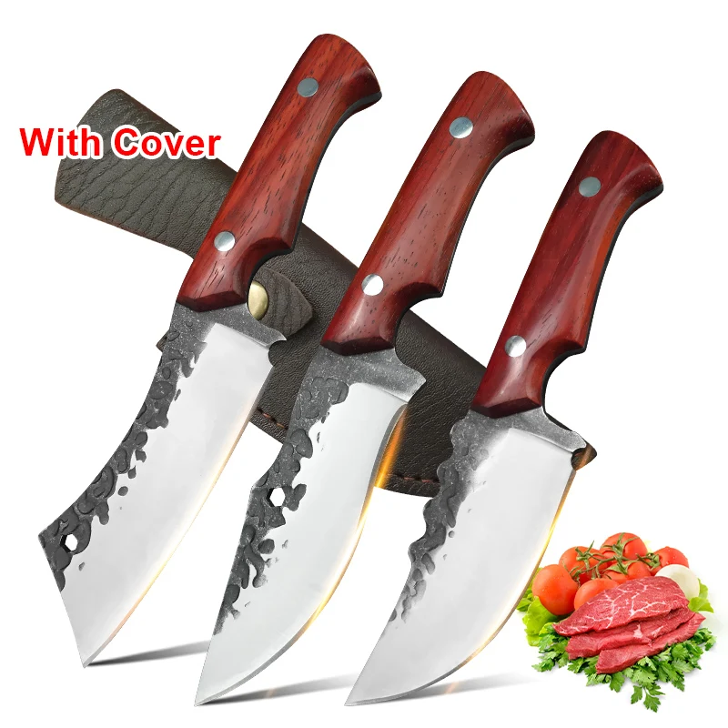 4 Inch Utility Knife Forged Boning Butcher Knife Stainless Steel Kitchen Knife Meat Cleaver Wooden Handle Fish Cooking Knife