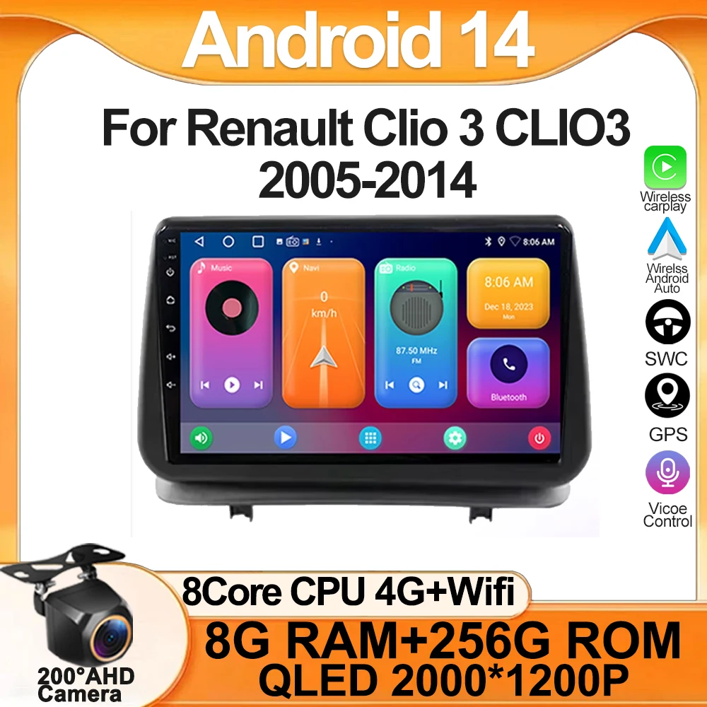 Android 14 For Renault Clio 3 CLIO3 2005-2014 Multimedia Screen Navigation Video Car Stereo Radio GPS High-performance 5G wifi