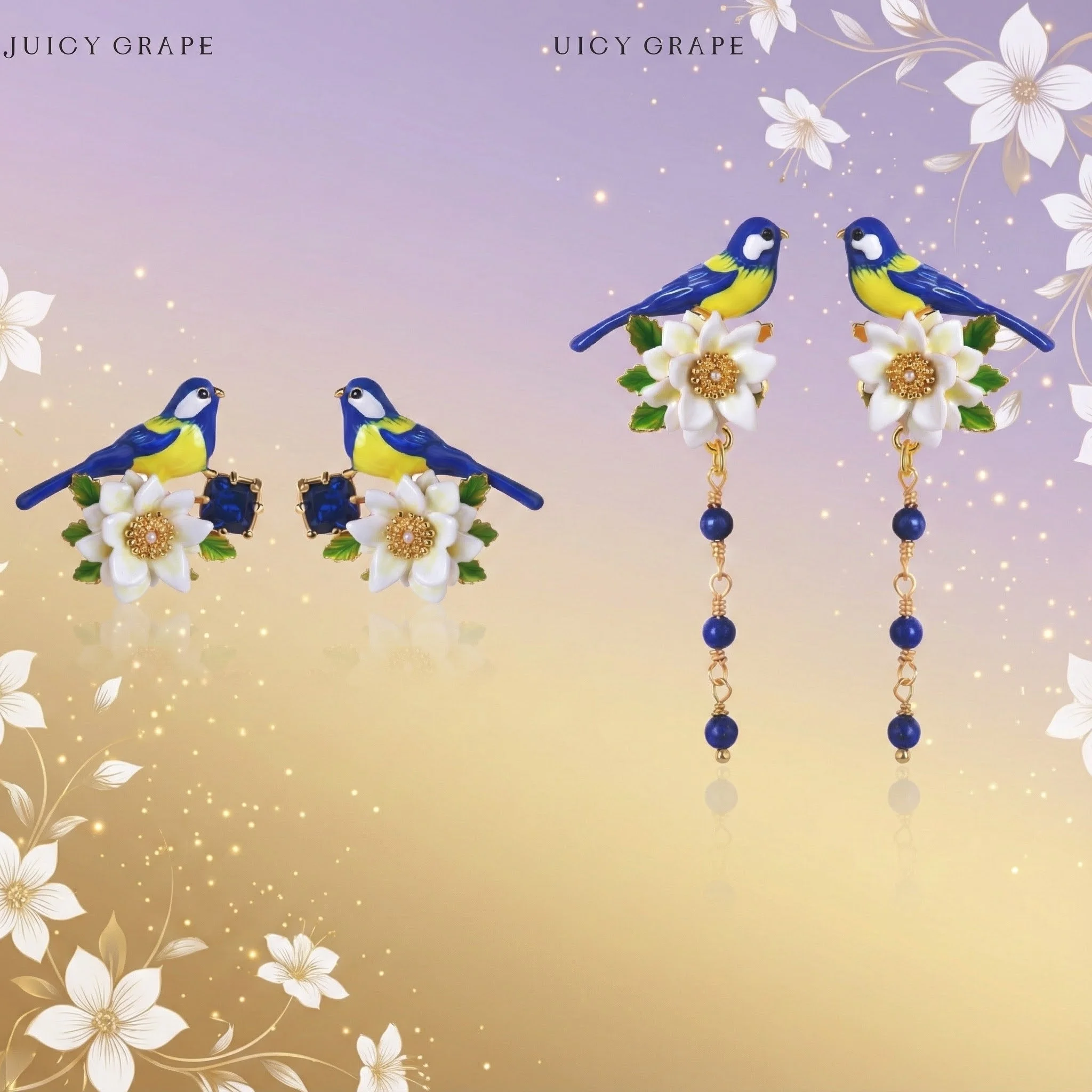 

Juicy Grape White Flower Blue Bird Earrings Enamel Tassel Earrings 925 Sterling Silver Studs 3D Design Fashion Jewelry