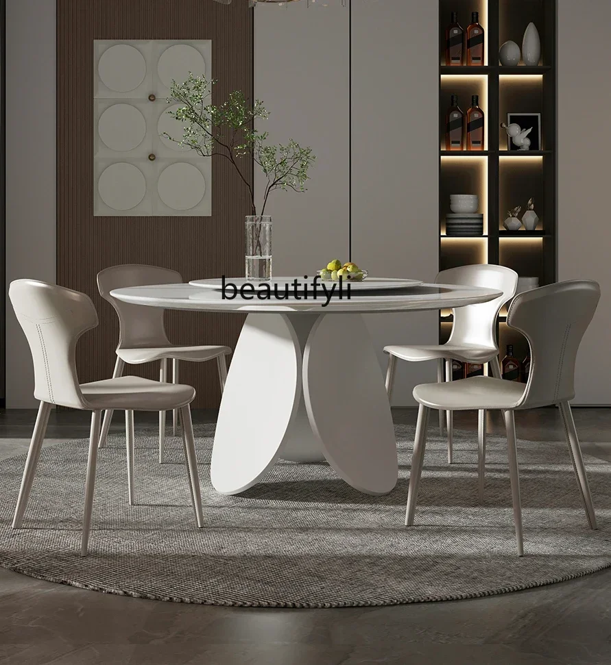 Marble Dining-Table Light Luxury High-End Luxury Stone round Table with Turntable Modern Minimalist Dining Tables and Chairs Set