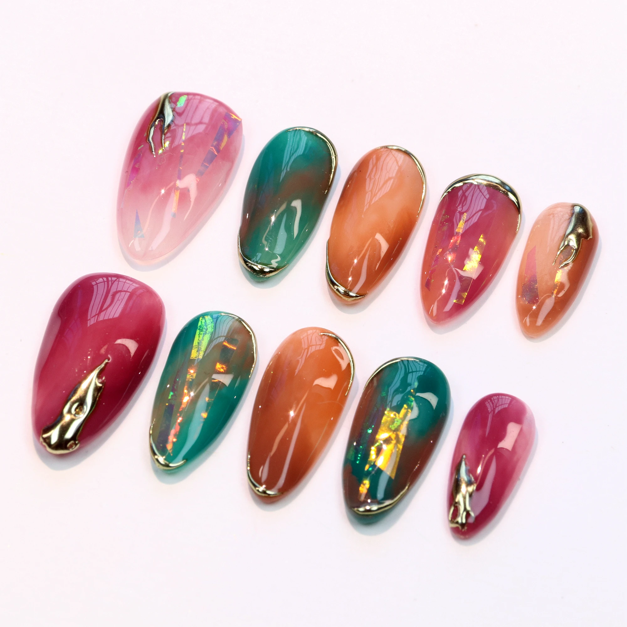 10 szt. Personalizowane, ręcznie malowane, migdałowe, kolorowe żelowe sztuczne paznokcie, luksusowe, ręcznie robione, chromowane złoto, wielokrotnego użytku, gotowe do zakładania paznokcie.