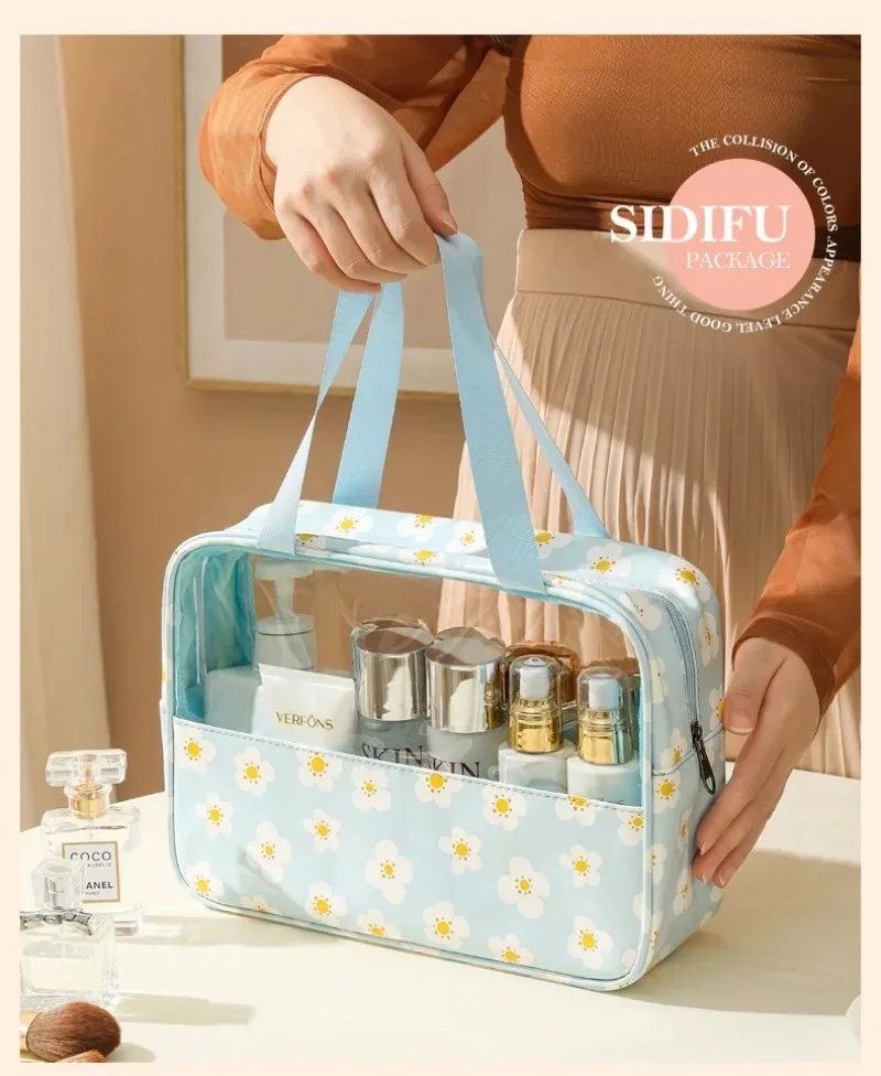 Sweet macaron transparent printed cosmetic bag large capacity splicing handbag travel portable toiletry storage bag