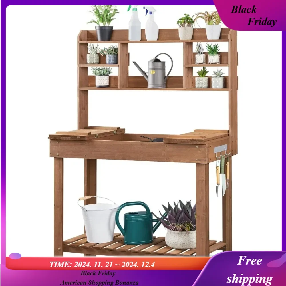 

Potting Bench Table Horticulture Germination Table & Outdoor Garden Work Bench Platform w/Display Rack/Storage Shelf