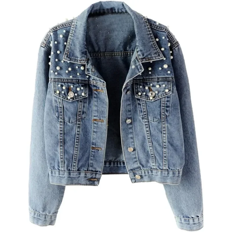 Women Denim Jacket Embroidered Pearls Beading Jeans Coat