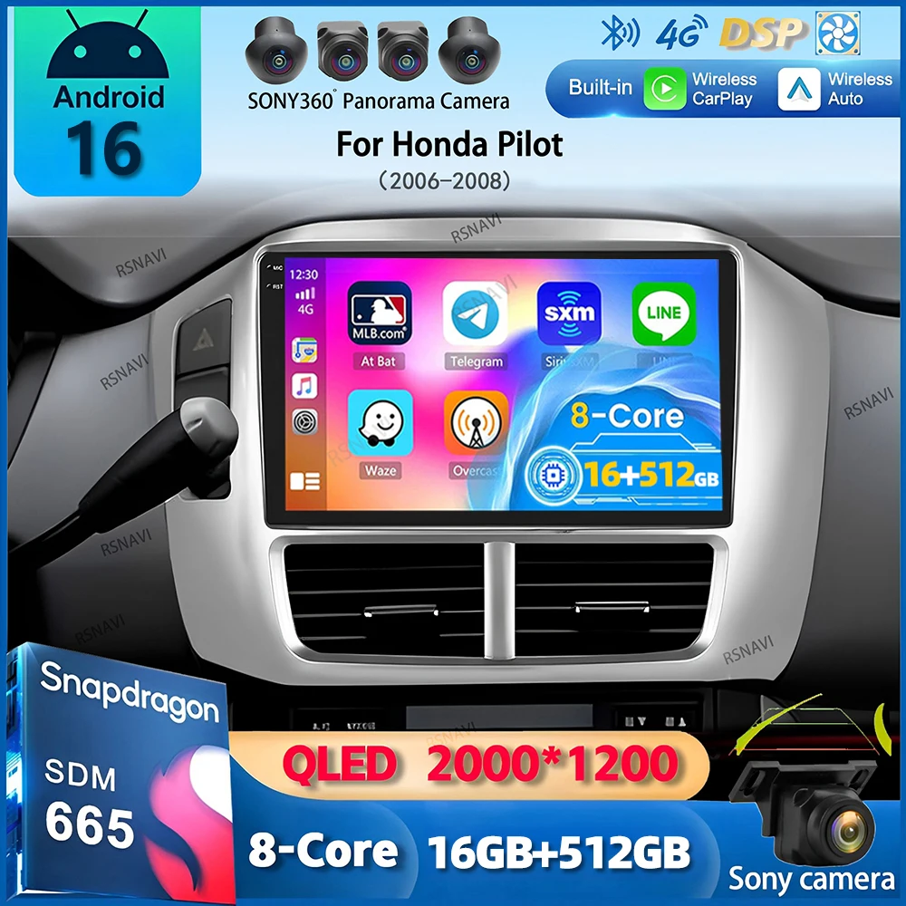 Radio para Auto con Android 16 y Carplay para Honda Pilot 2006 2007 2008, Reproductor Multimedia de Video, GPS, Navegación, Estéreo, WIFI+4G, Unidad Principal