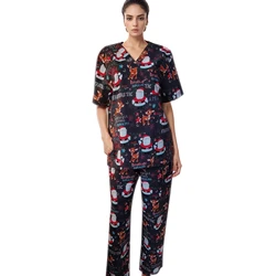 Hennar Christmas Print 100% Cotton Scrub Uniforms Sets，Holiday Scrub Top and Sets