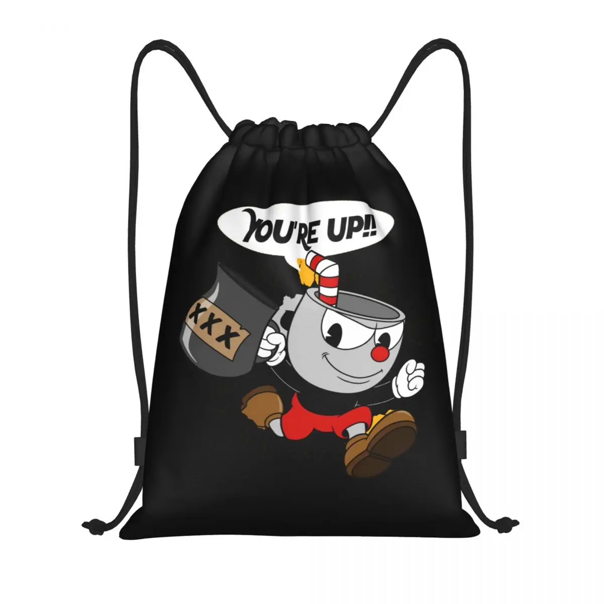 Cuphead Drawstring Backpack Women Men Gym Sport Sackpack Portable Cartoon Game Shopping Bag Sack