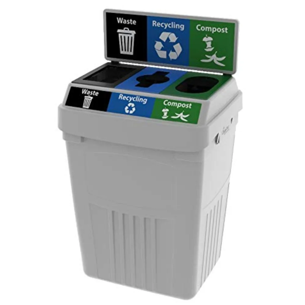 bin Indoor and Outdoor Sturdy 3-in-1 Waste, Recycling and Compost Bin with Backboard FX50B-WT3-W-BK-R-BE-C-GN