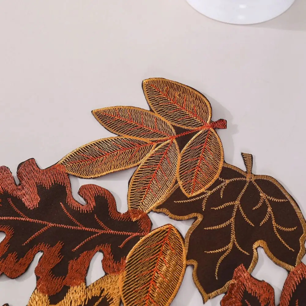 Rustic Maple Leaf Embroidered Table Runner Multicolor Hollow Dinner Mat Leaf Pattern Table Mat Autumn Themed