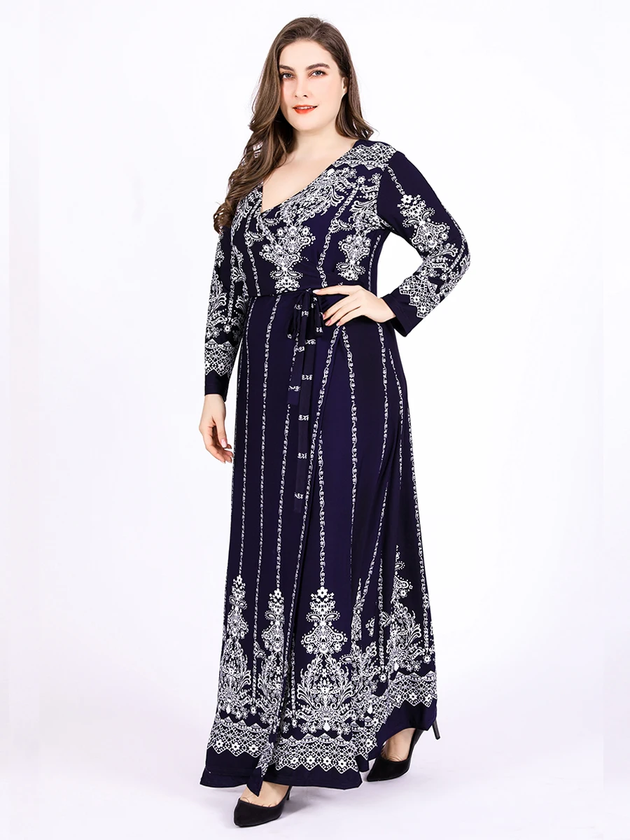 2023 Autumn Winter Wrap Dress Woman Long Sleeve Retro Printing Maxi Long Dubai Abaya Muslim Dress Plus Size Islamic Clothing