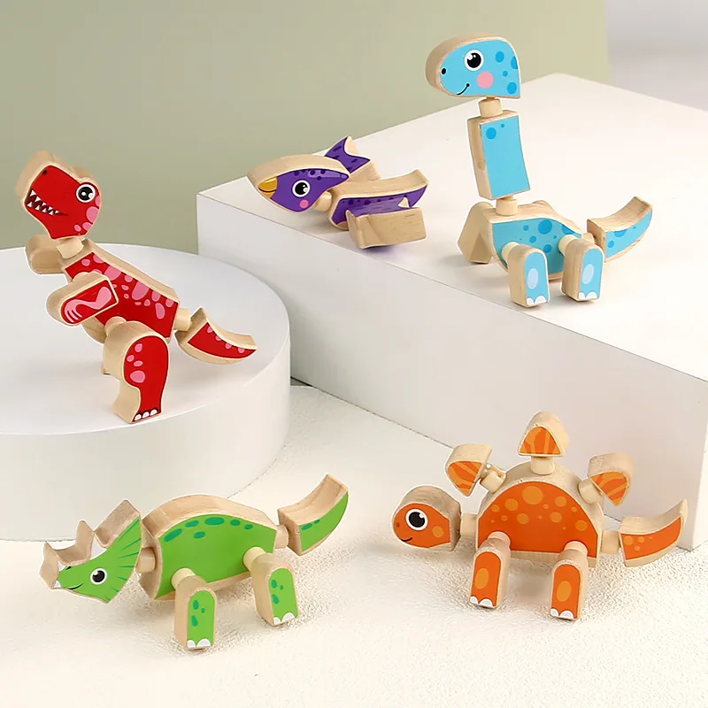 Bloques de construcción de partículas grandes de madera, Robot de dinosaurio Animal, juguetes de ensamblaje, juguetes giratorios para niños pequeños, regalo educativo