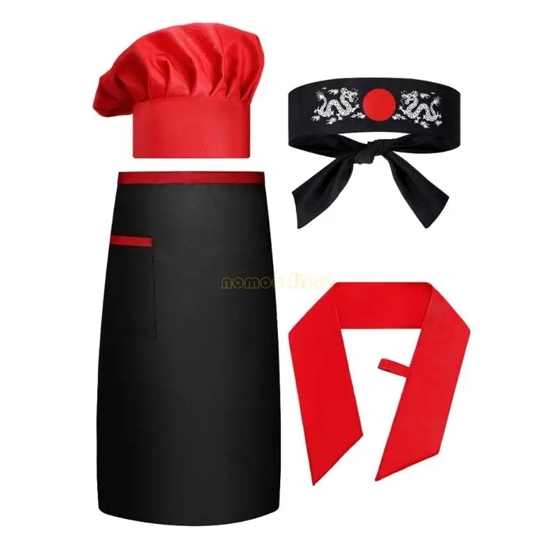31BF Hibachi Chefs Kostümzubehör Teppanyaki Hohe Kappen Schürze mit Stirnband Krawatte für Cosplay Halloween Dressing Party