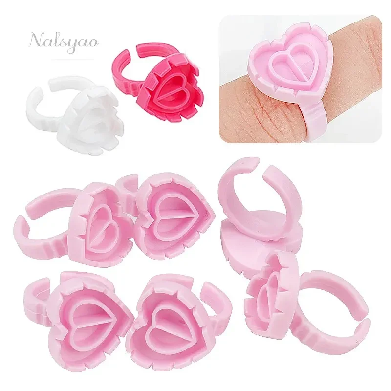 100 Pcs Disposable Heart Shaped Eyelash Glue Ring Holder Cup Plastic Tattoo Pigment Pallet Eye Lash Extension Tool