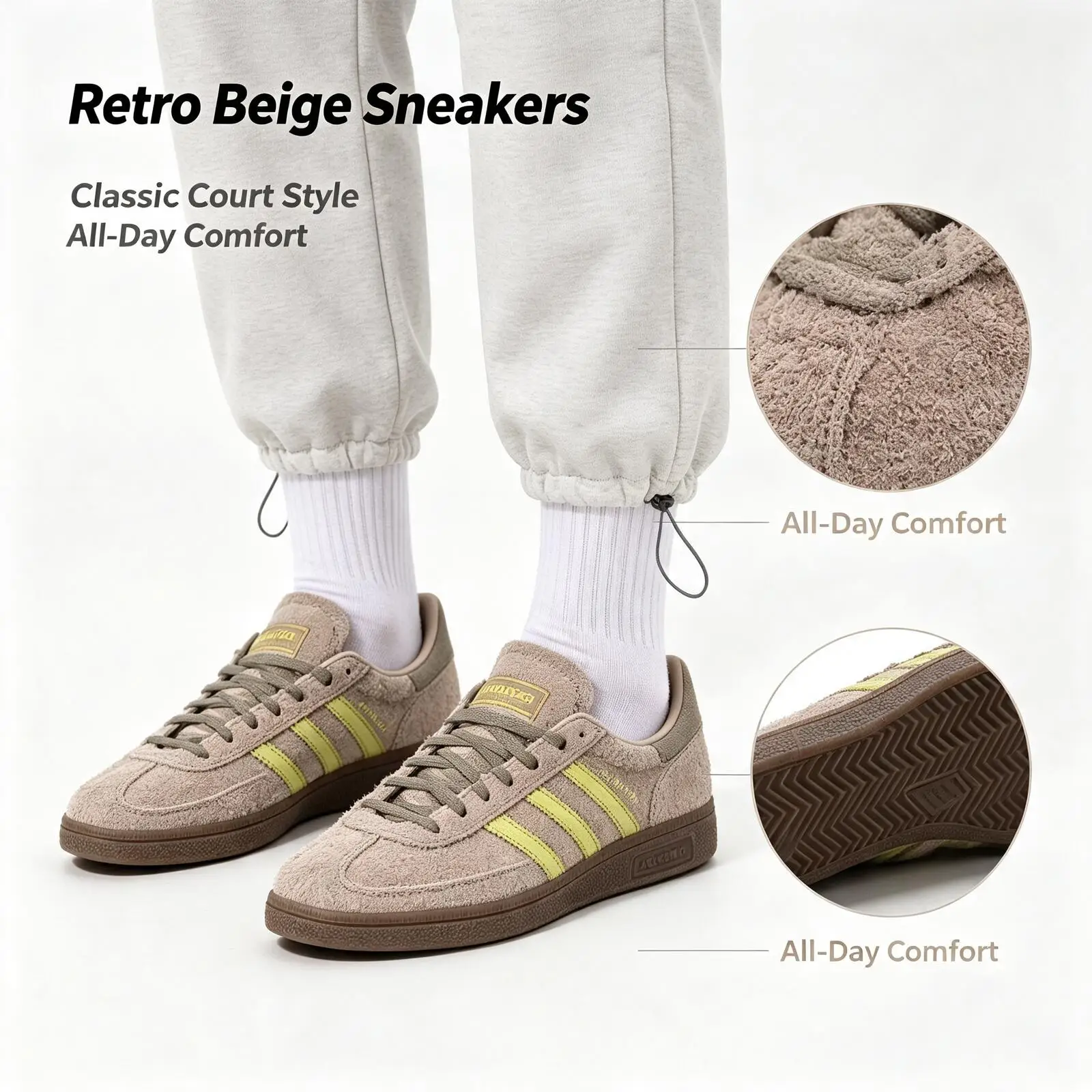 Adidas Beige Retro Sneakers for Men Classic Court Style Thick Sole Lightweight Street Casual Shoes Ih1502