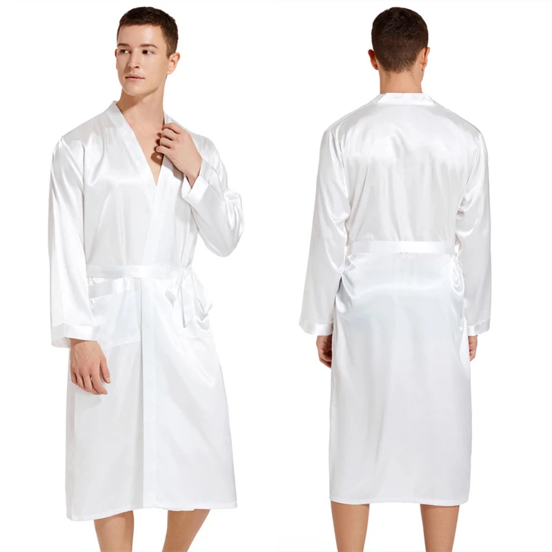 Wholesale Men\'s V Neck Solid Satin White Robe Kimono Long Bathrobe Pajamas Nightgown Lightweight Sleepwear for Wedding Party