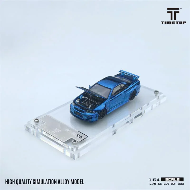 TimeTop 1:64 GTR34 Chrome Blue Carbon limited999 Diecast Model Car