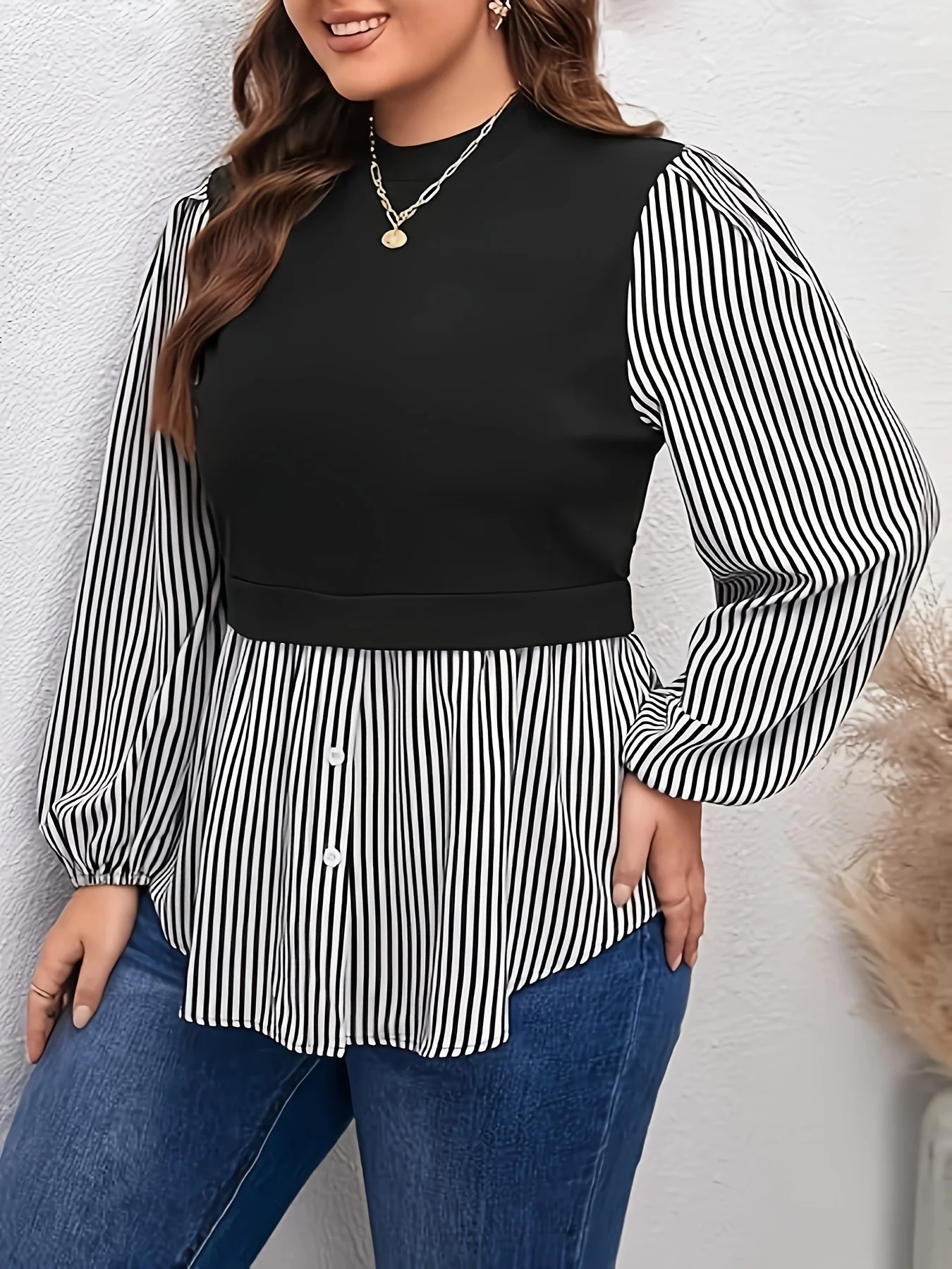 2024 new fashion Plus Size Casual Blouse, Women\'s Plus Colorblock Stripe Print Lantern Sleeve Round Neck Shirt Top