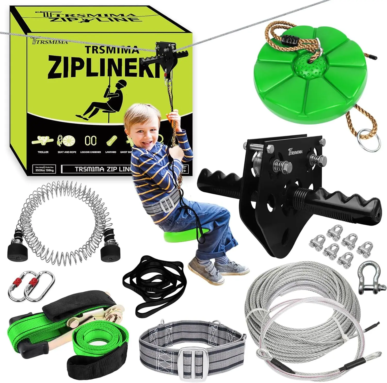 Zipline Kit for Kids and Adult 200ft Zipline with Spring Brake Safety Harness Zip line Trolley Ratchet Tighten System