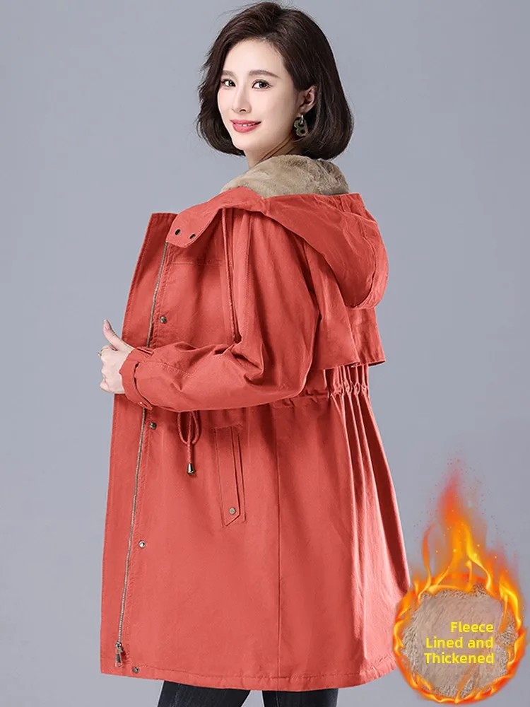 

Women's Thiened Fce Lined Waist-Cinching Workwear Cotton Jaet Mid-Length Overcoat Korean Sle Commute Pure Color