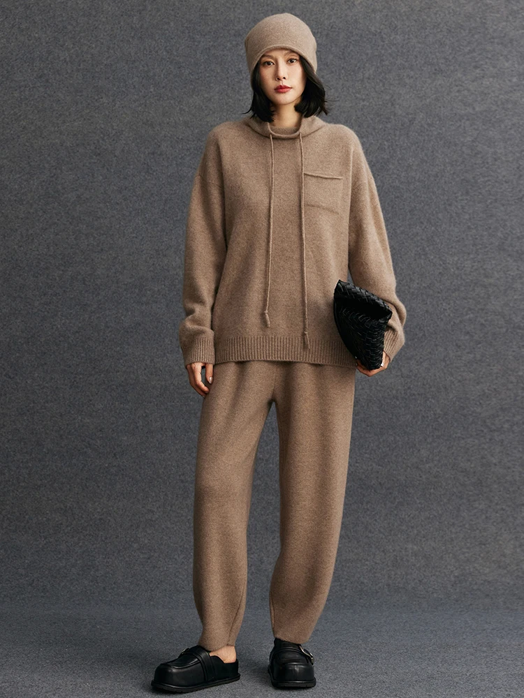 TLOML New Women 100% Cashmere Set Turtleneck Drawstring Pullover Jogging Pants Cashmere Knitwear Autumn Winter Soft Casual Suit
