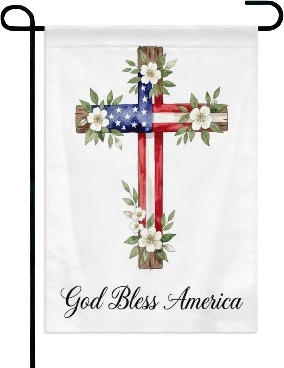 American Flag Cross Garden Flag 12×18in Double Sided God Bless America Floral Rustic Wood Art for Portico Lawn Patio Outdoor kkz