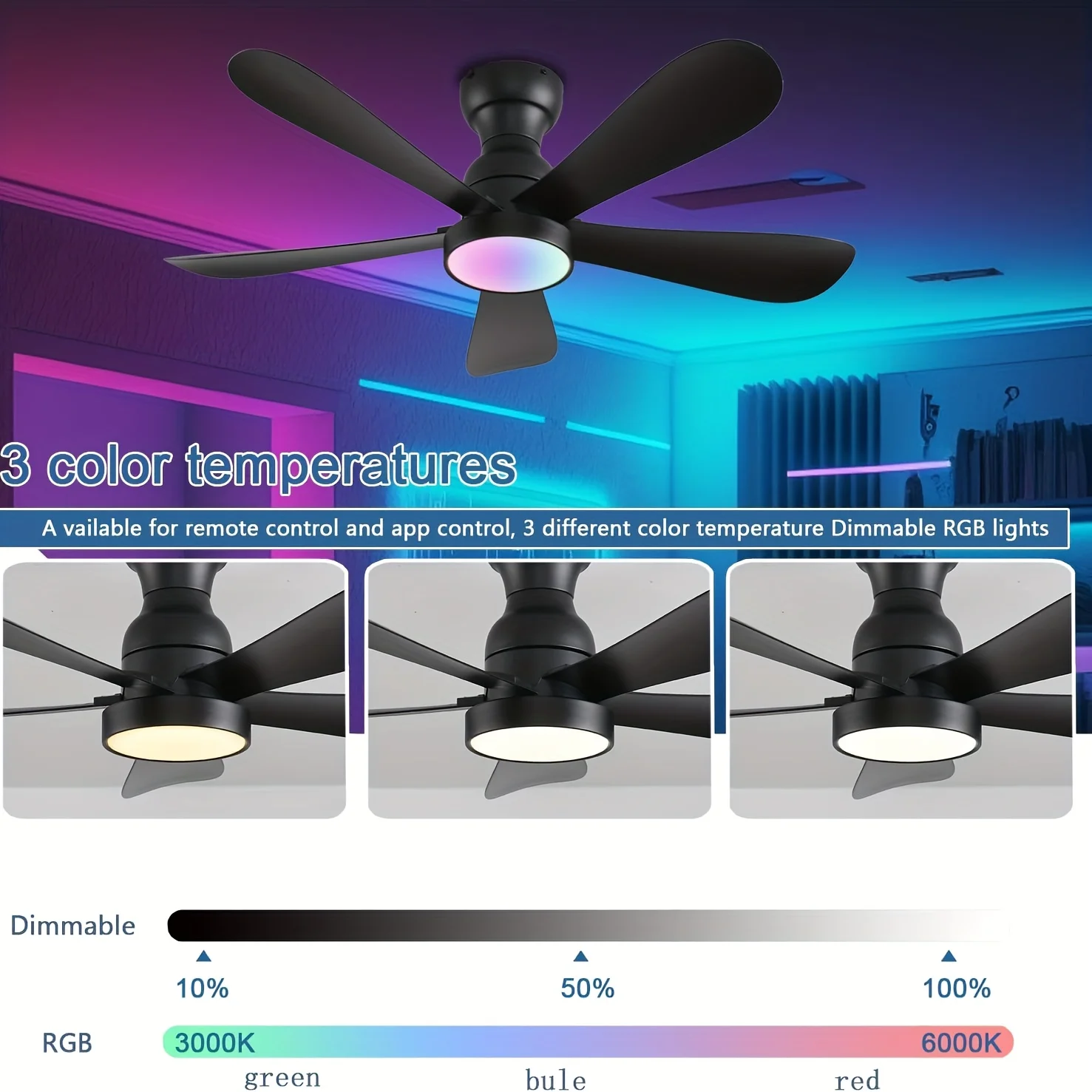 42-inch Modern Flush-Mount Ceiling Fan with RGB Dimmable Light & Quiet Operation — Remote + App Control, Indoor/Outdoor Use, Com view 6