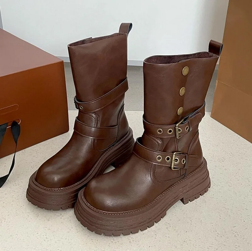 

Autumn Winter Platform Thick Sole Women Ankle Boots Design Belt Buckle Punk Style Leather Modern Short Bottes Femmes