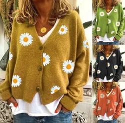 Coats Women Knitted Cardigan Floral V Neck Full Sleeve Coat Single Breasted Sweaters Jumpers Open Stitch Autumn Winter