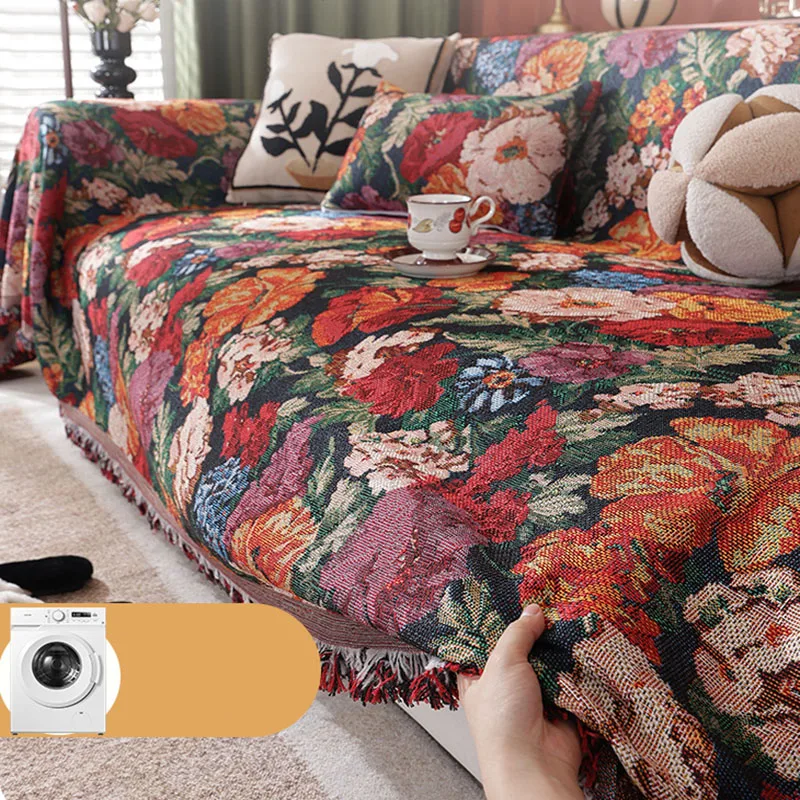 Retro Oil Painting Faux Linen Sofa Towel Romantic Flower Jacquard Sofa Blanket with Tassel Anti Cat Scratch Furniture Protector
