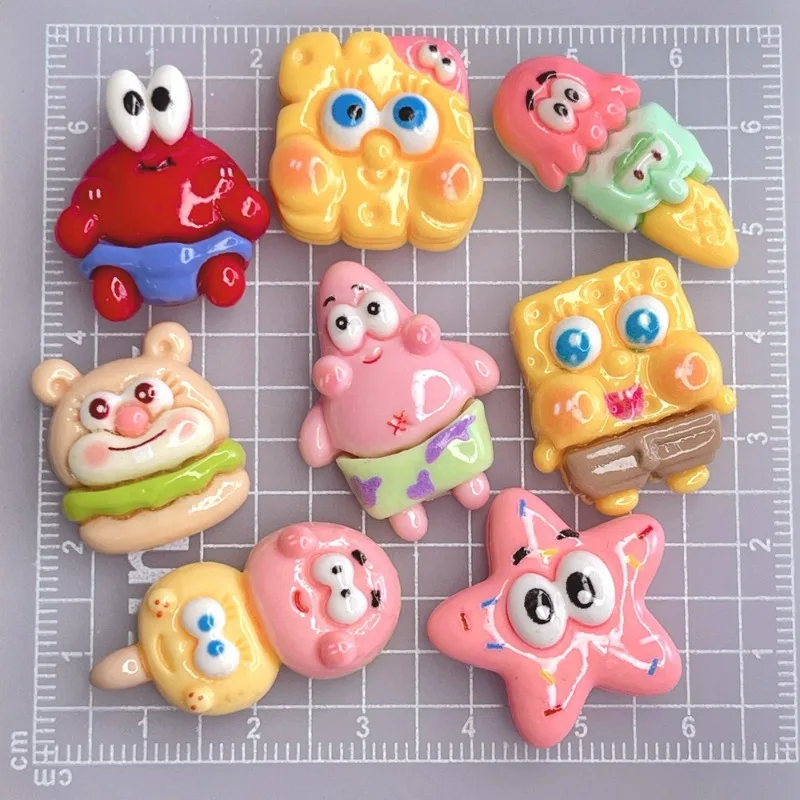 8PCS Kawaii SpongeBob SquarePants Series Resin Toys Cute Cartoon Role Creativity DIY Phone Case Head Rope Materials Supplies