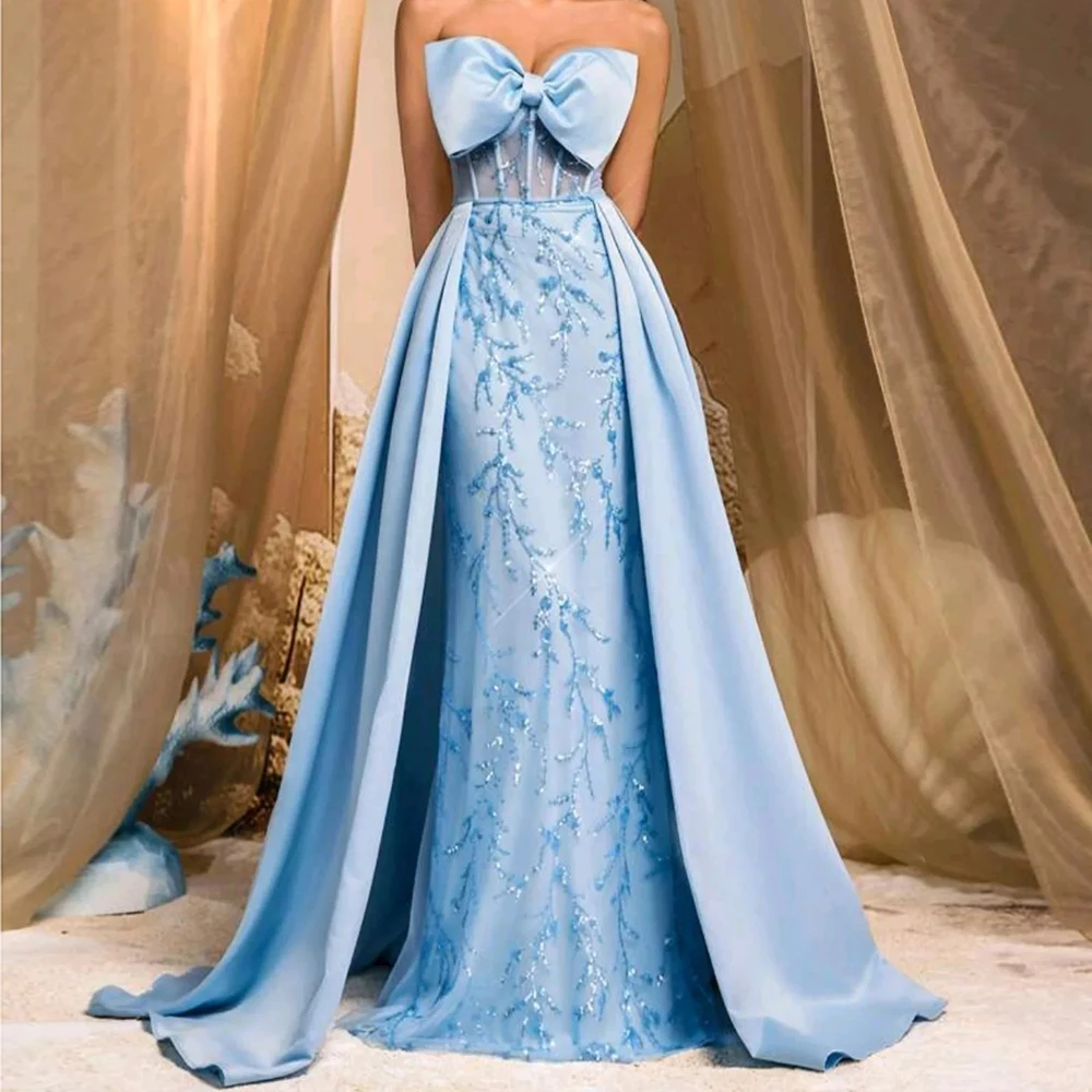 

Customized Mermaid Evening Dresses Floor-length Strapless Sleeveless Prom Gown Fashion Bow Sequined Draped Backless Party Gown