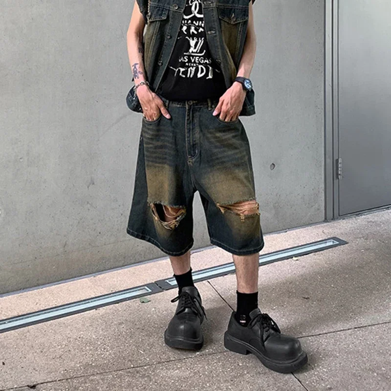 Ripped Hole Washed Yellow Mud Baggy Jeans for Men Straight Distressed Ropa Hombre Casual Denim Shorts Oversized Five Point Pants