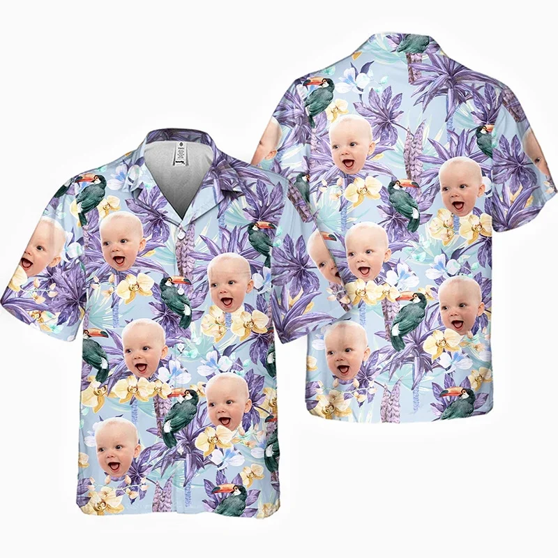 

Custom DIY Hawaiian Shirts Ladies Gentlemen Baby Face Dog Cat Head Avatar Fun 3D Print Hawaii Shirts Short Sleeves Custom Tops