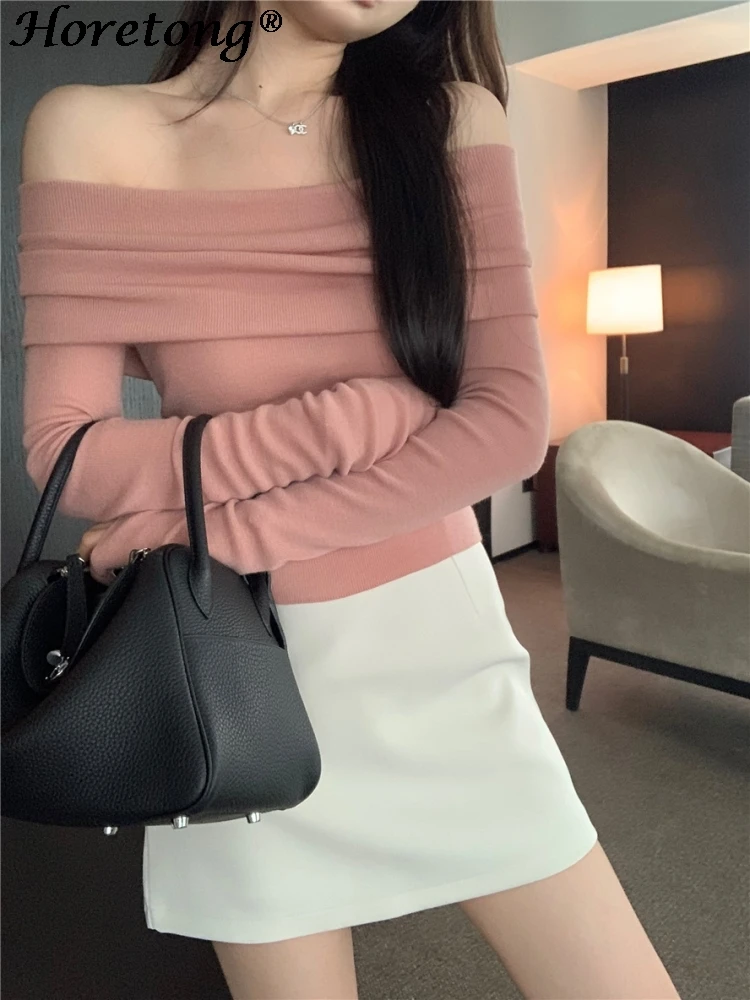 

Horetong Slash Neck Knitted Sweaters 2025 Autumn Long Sleeve Slim Sexy Thin Short Sweater Women Korean Fashion Solid Tops