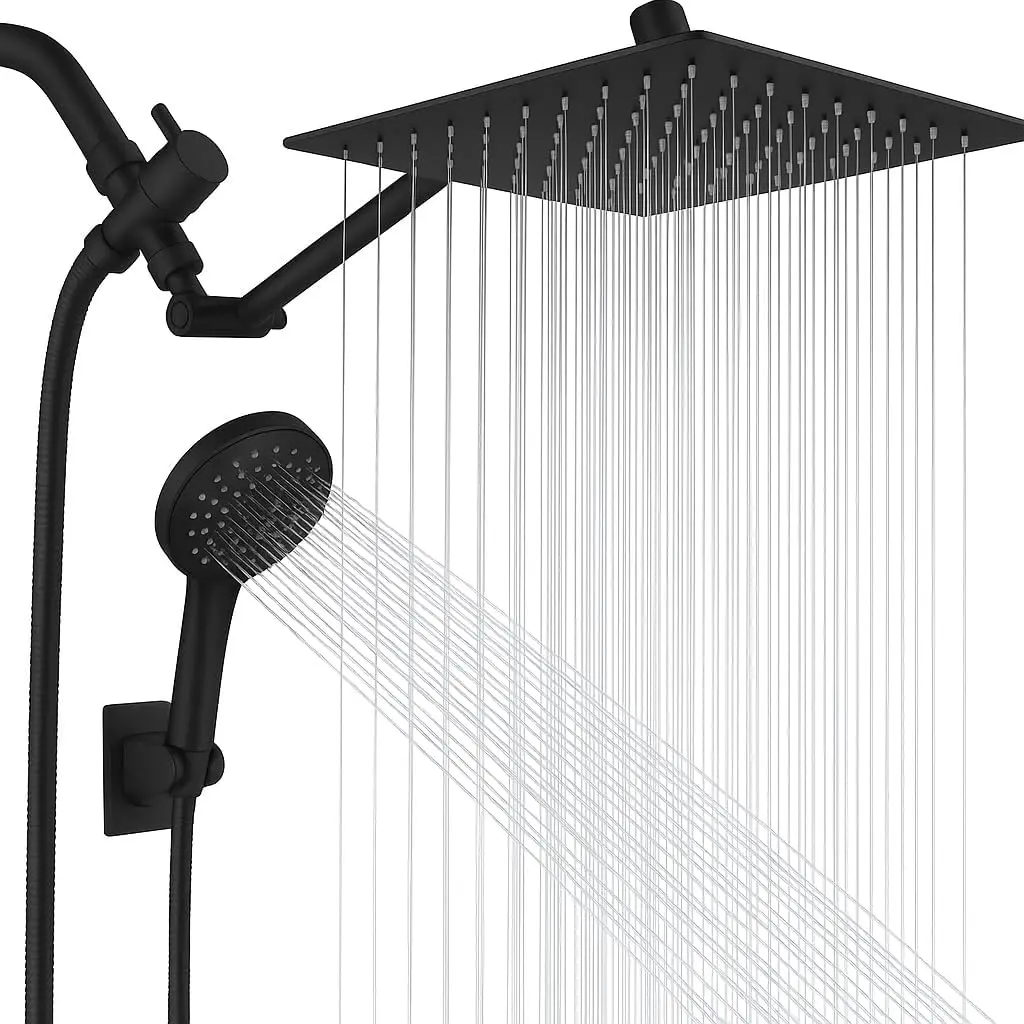 Shower Head Combo, 10-Inch High-Pressure  Adjustable Extension Arm, 5-Setting Matte Black Handheld Shower with Long Hose