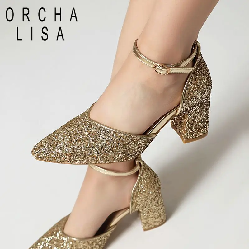 

ORCHA LISA Модные женские босоножки с острым носком, каблук 7,5 см, на блочном каблуке, с ремешком на пряжке, с пайетками, для свиданий и вечеринок, большие размеры 46, 47