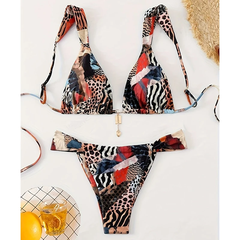 Vintage Print High Waist Bikini Swimsuit Women Sexy Lace Up Triangle Mini Thong Push Up Bikini 2025 New Spice Girl Bathing Suit