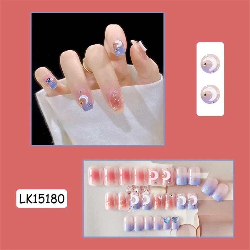 24 stks/set Witte Perzik Melk Cap Gradiënt Liefde Hart Druk op Nail Art Frans Ontwerp Dragen Kunstnagels Volledige Dekking Nep nagels