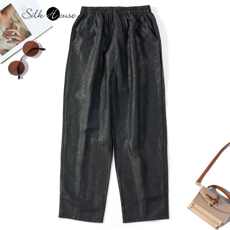 Silk Turtle Cracks Xiangyun Gauze Straight Pants Silkworm Anise Black Versatile Pockets Women's Fashion Casual Pants