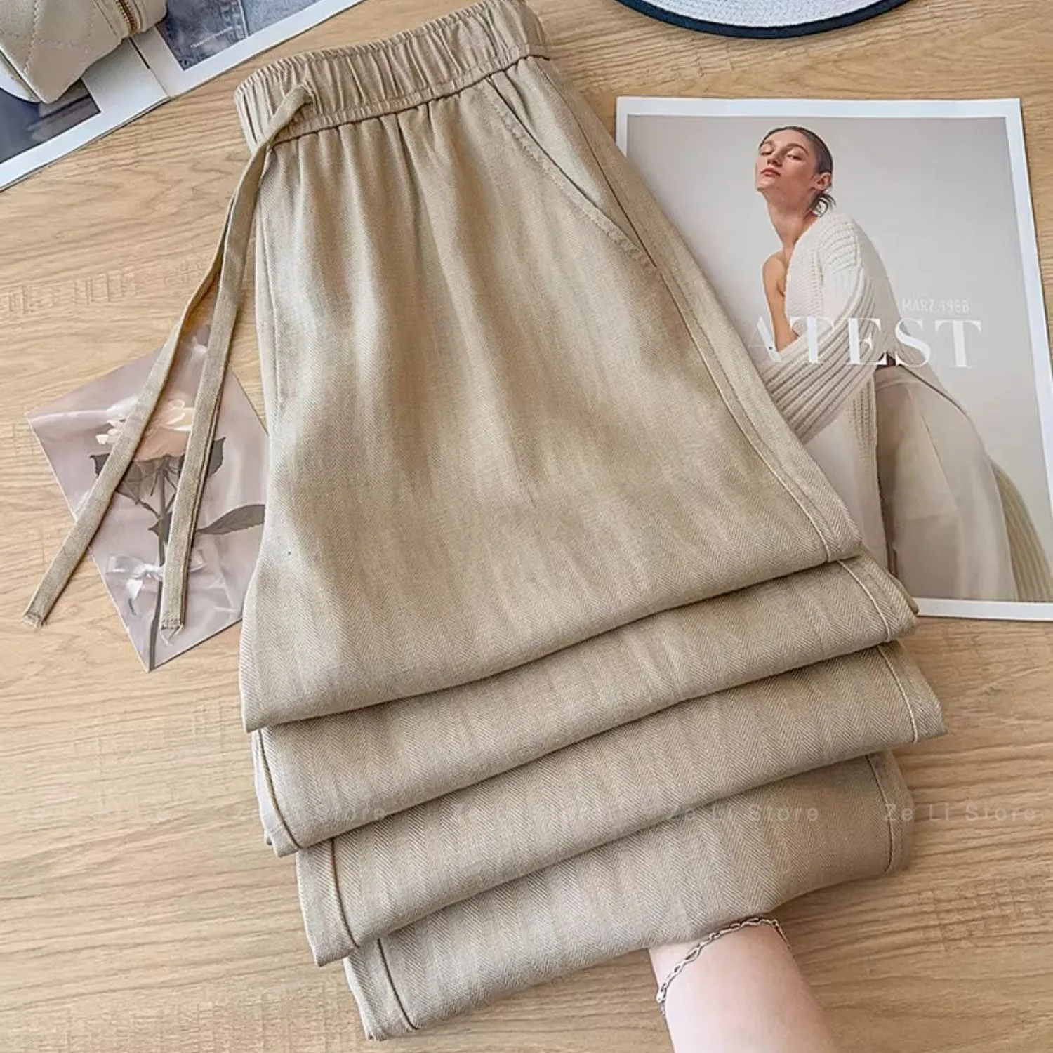 Hemp Yellow Cotton and Linen Loose Pants Women's Summer Thin 2026new Arrivalhigh Waist Drape Nine-point Straight-leg Pants
