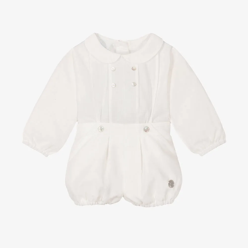 2Pcs Children Spanish Boutique Clothing Baby Birthday Baptism Set Toddler Short Sleeve Ivory Shirt + Beige Shorts